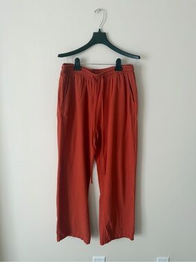 Womens Drawstring Wide Leg Linen-like Knit Pants in Terracotta Orange 🍊 Large